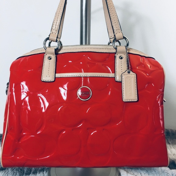 Coach Handbags - COACH PATENT RED TAN LEATHER TOTE SATCHEL